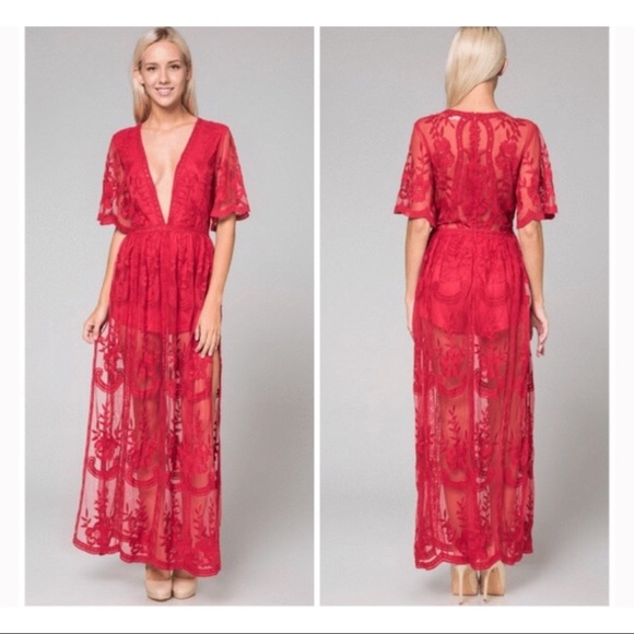Honey Punch Lace Red Maxi Romper - Picture 2 of 5